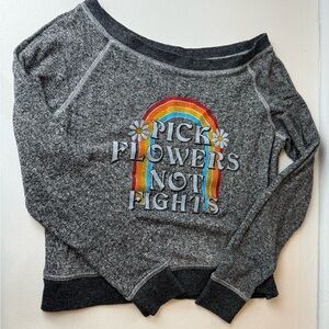 Charcoal Off-Shoulder Sweatshirt with Rainbow Graphic